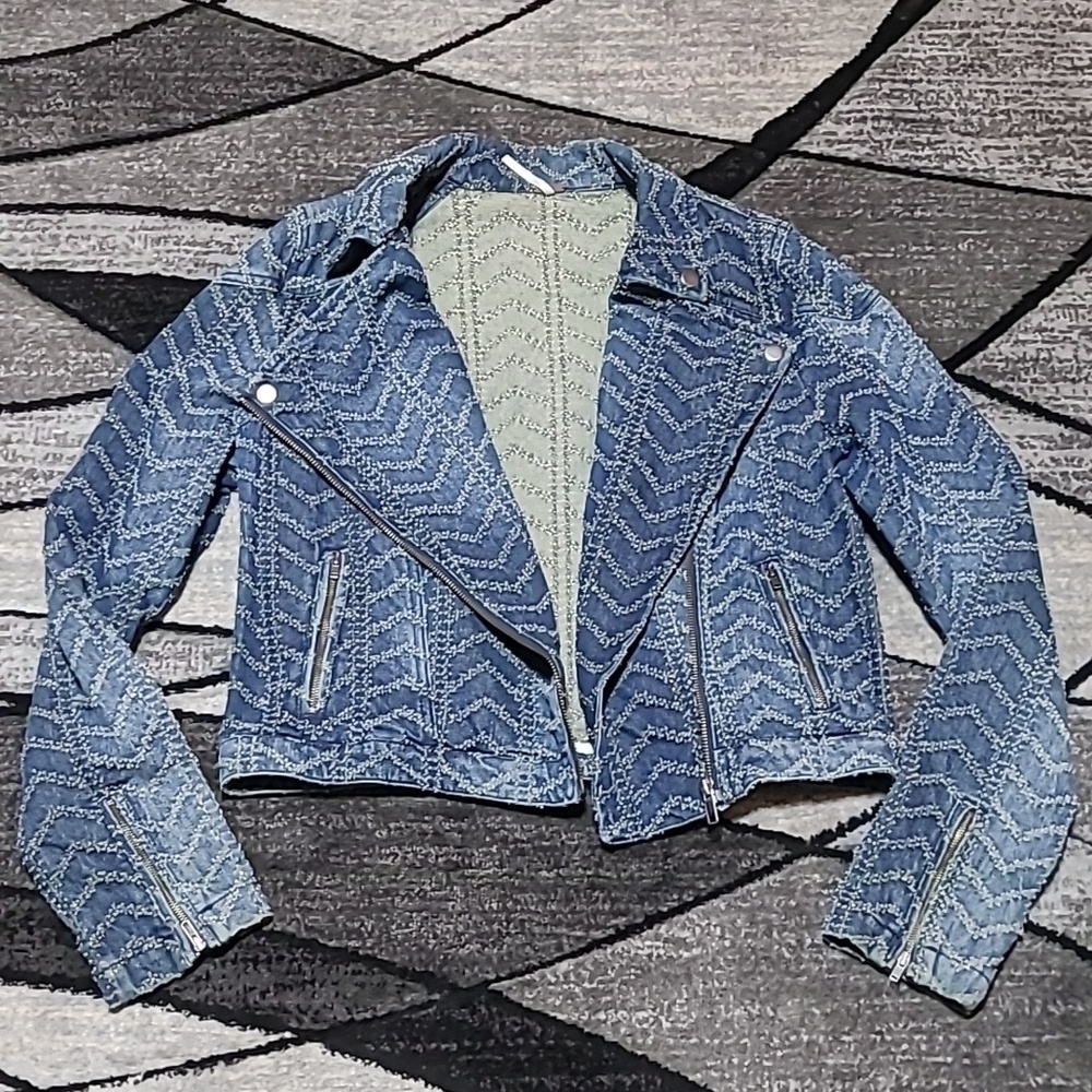 FREE PEOPLE FULL-ZIP HERRINGBONE PATTERN DENIM JACKET
